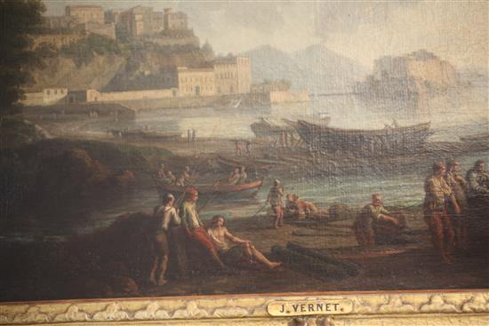 After Claude-Joseph Vernet (1714-1789) Harbour scenes with figures in the foreground 19 x 28.5in.
